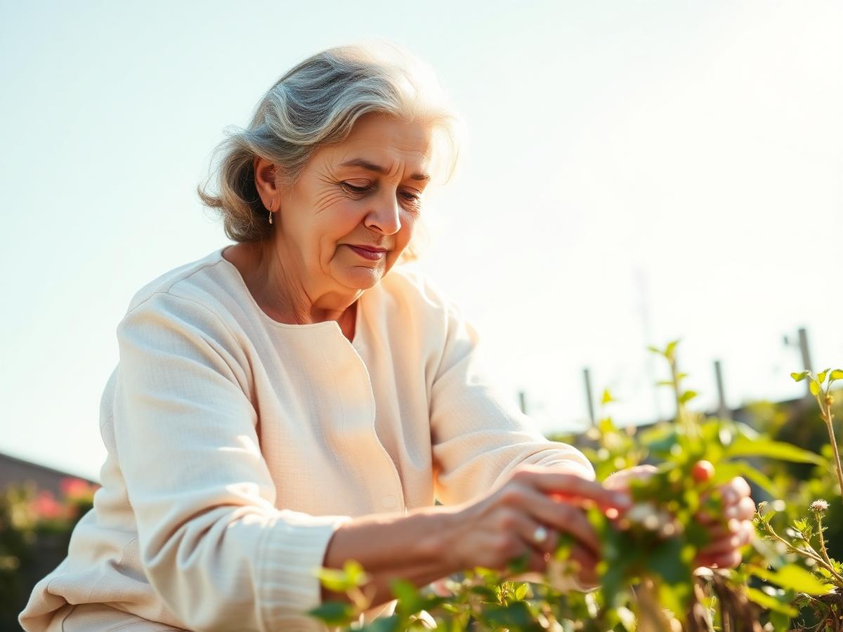A senior woman tending her garden in warm afternoon light