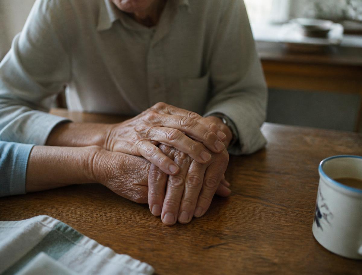 Two pairs of hands resting gently together on a sunlit table